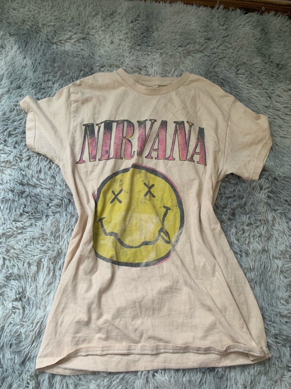 NIRVANA Cream Tee with Yellow Smiley and Pink Logo